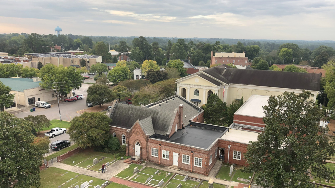 View of church grounds from atop the church