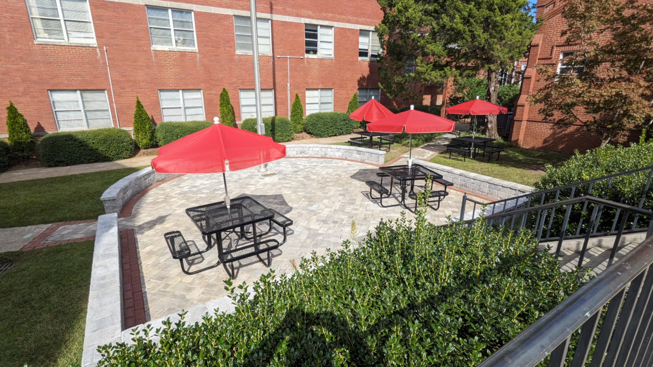Patio and shaded tables on campus