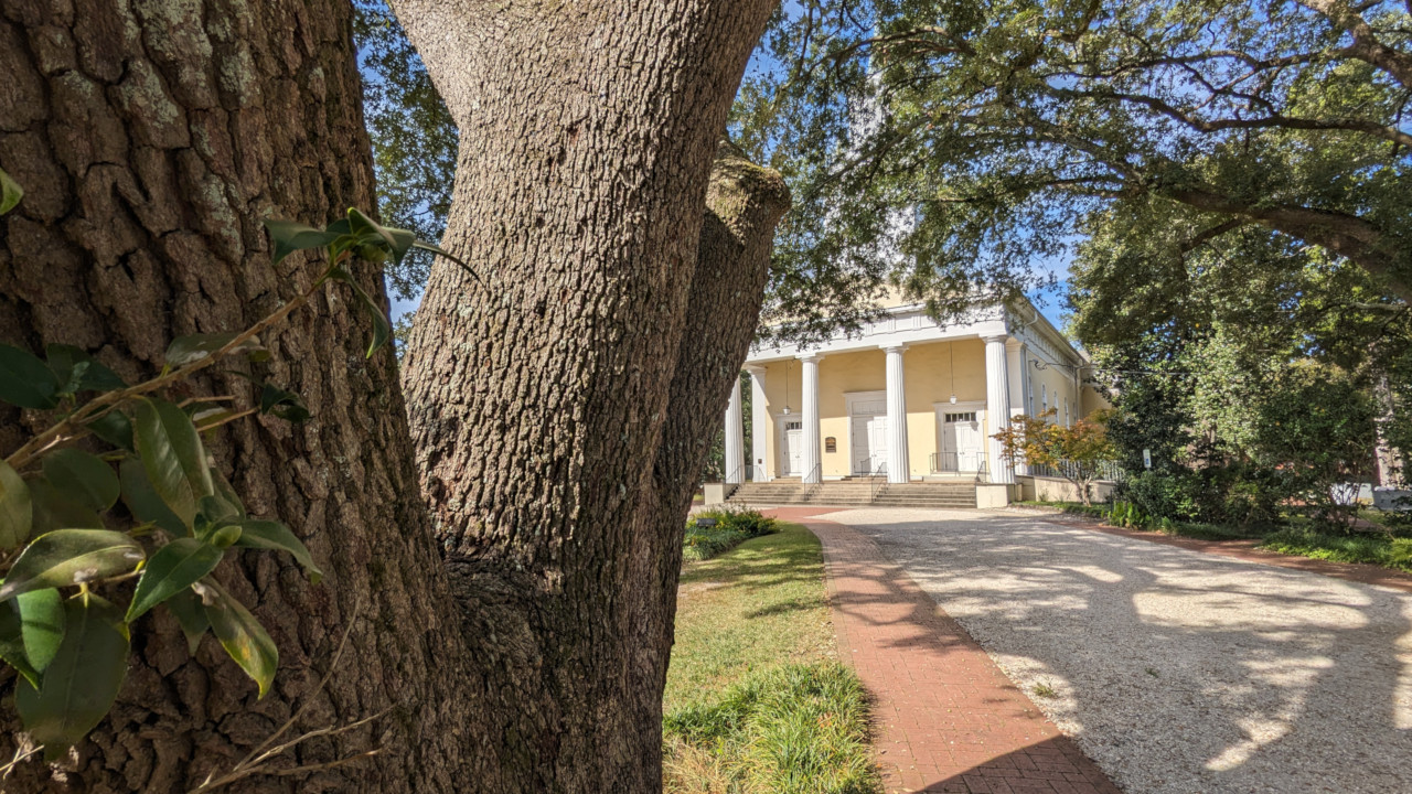 Front of church near tree